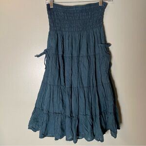 Cotton Flower Tiered Maxi Skirt Women's S Teal Stretch Boho Peasant Hippie